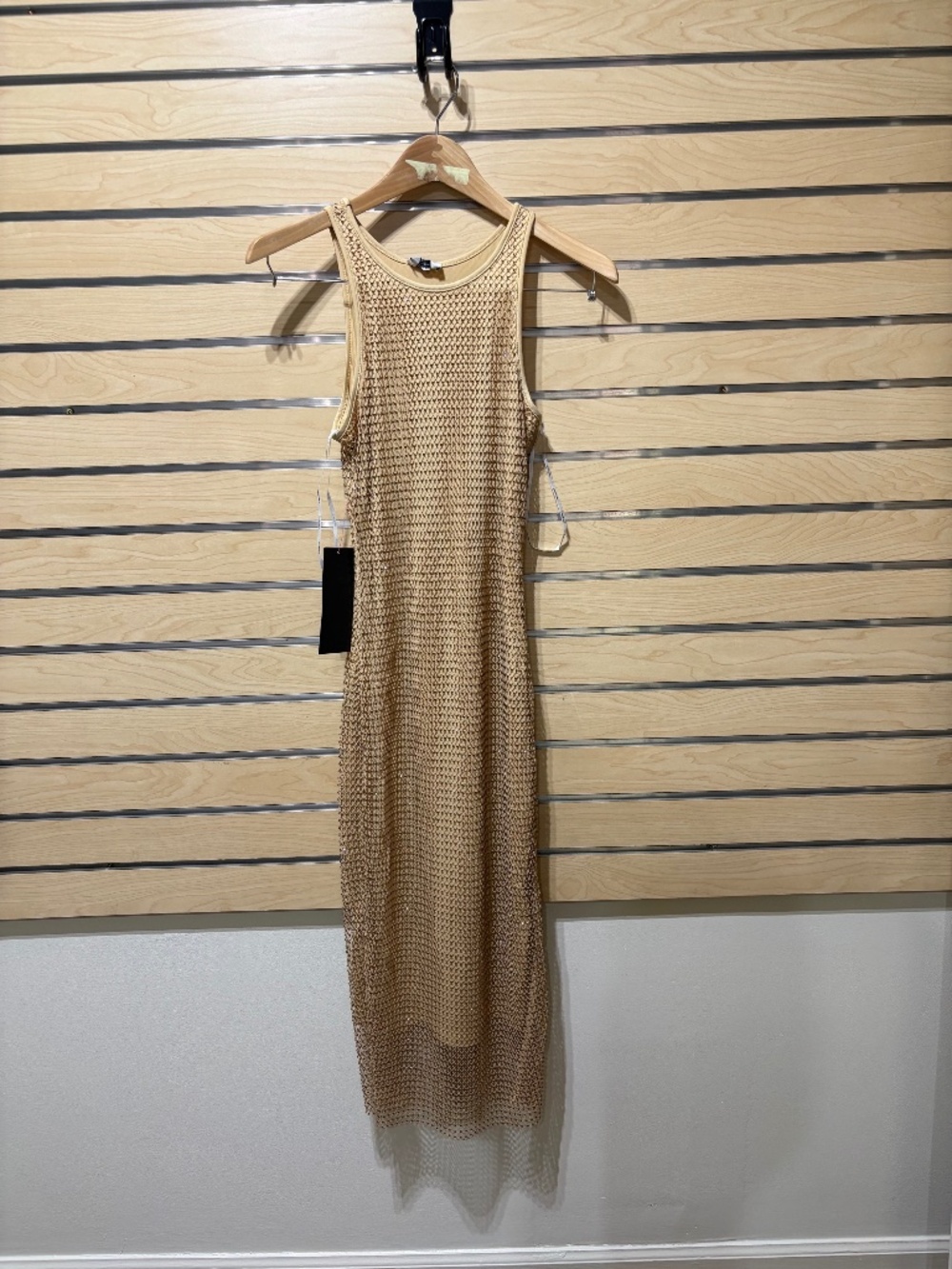 Bebe NWT METALLIC OPEN KNIT TANK MAXI DRESS WITH RHINETONES SIZE XS